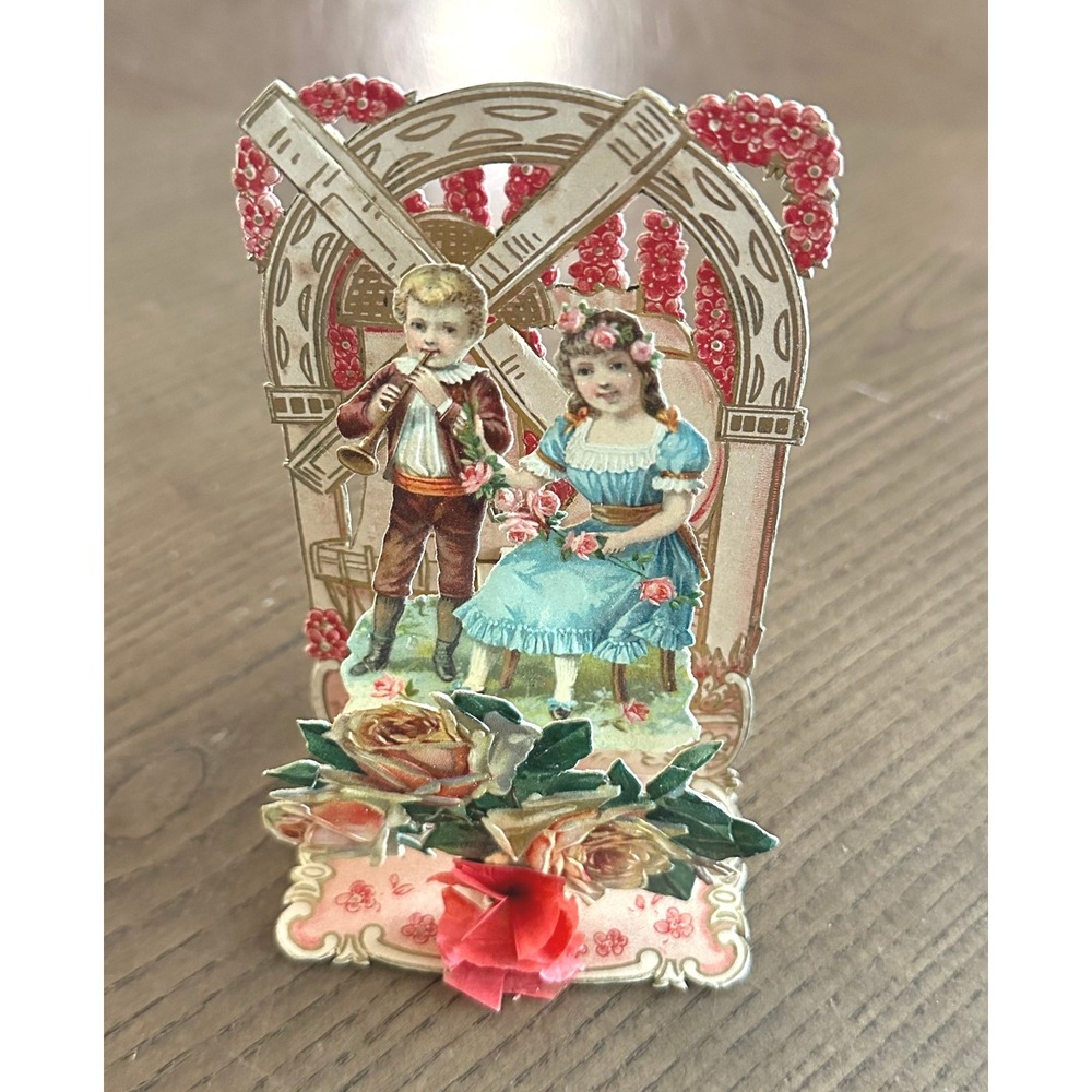 Antique Victorian Pull Down Valentine Card Windmill Boy Girl Die Cut Germany